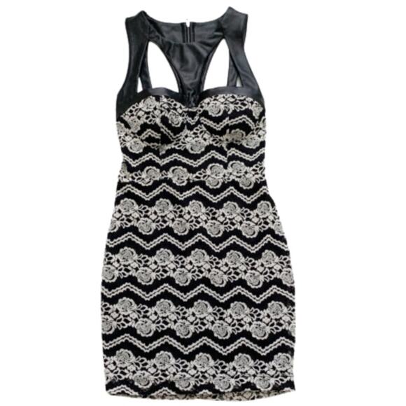 Material Girl Dress Brooklyn Caviar Black Faux Leather Lace Cut Out Mini Small - Picture 1 of 13